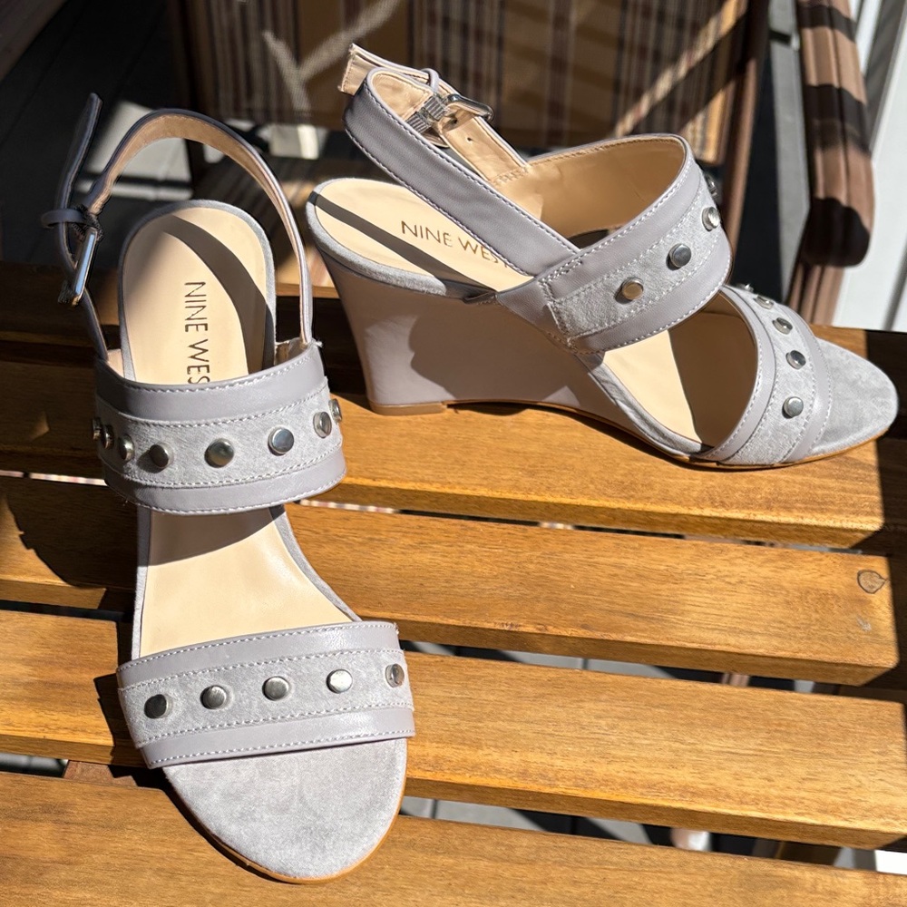 Nine West Light Gray Studded Wedge Sandals